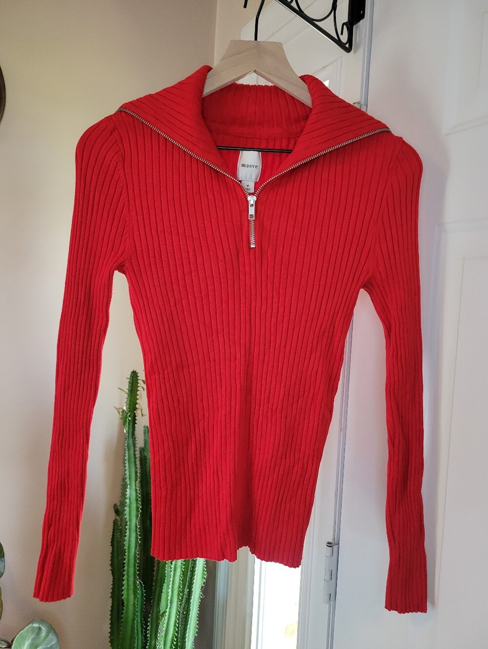 Maeve Anthropologie Fitted Red Ribbed Half-Zip Knit Sweater, Size Womens Medium
